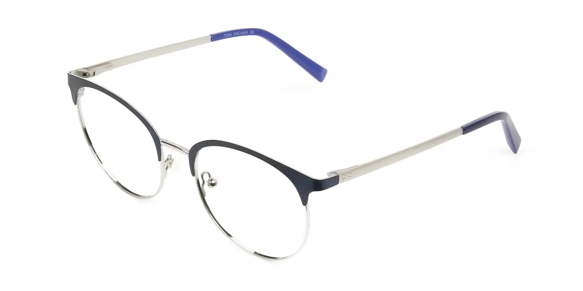 Round Navy Blue Silver Clubmaster Glasses - 2