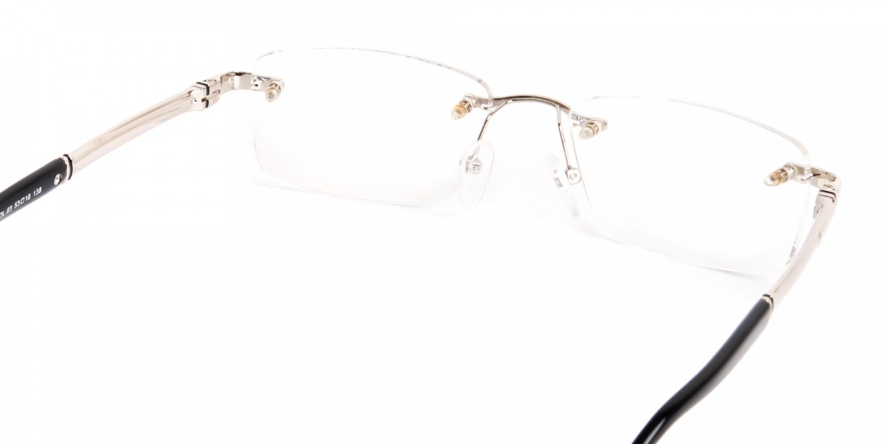 silver and black rectangular rimless glasses frames-1