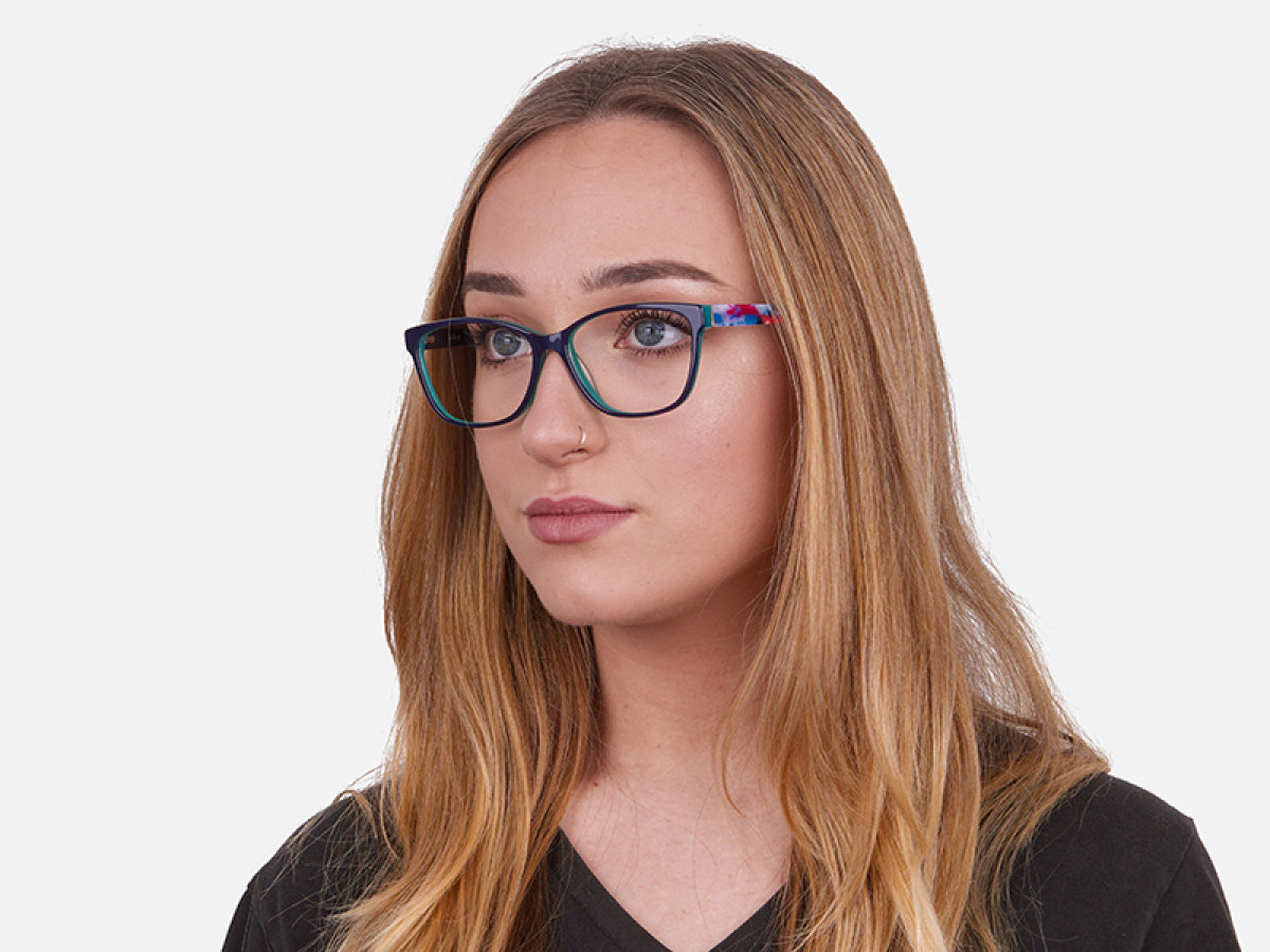 Navy Blue Rectangular Glasses With Flowery Printing - 1