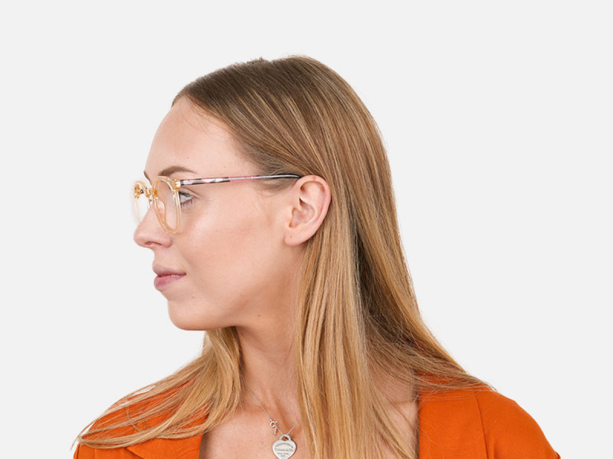 Crystal Amber Yellow Glasses Frames with Pink & Blue Tortoise Temple - 1