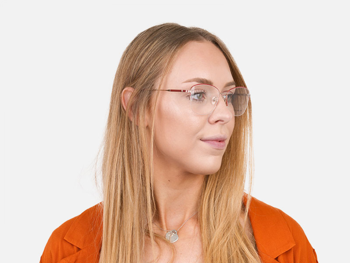 Red & Gold Half Frame Cat Eye Glasses For Women - 1