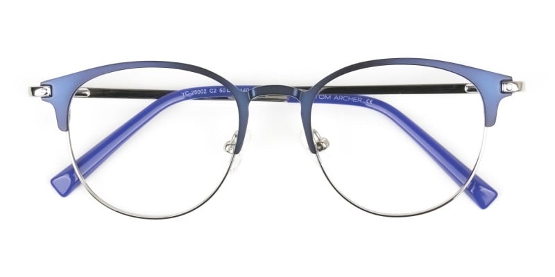 Keyhole Silver Navy Blue Browline Glasses in Round - 1