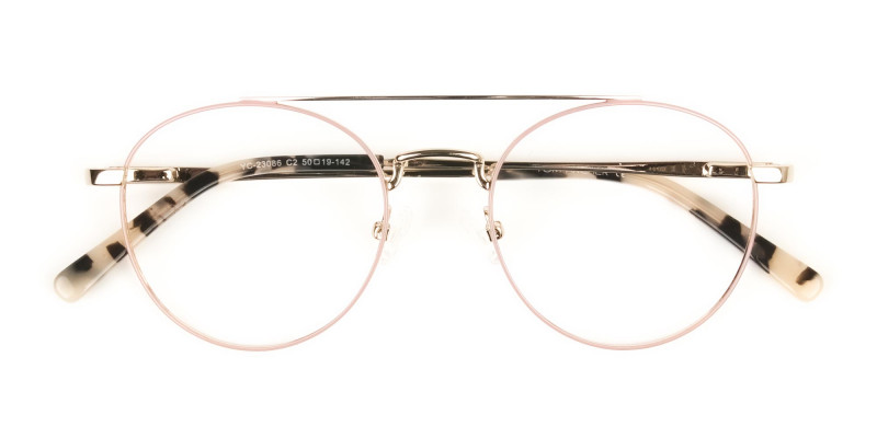 Lightweight Gold, Pink Round Aviator Glasses in Metal - 1