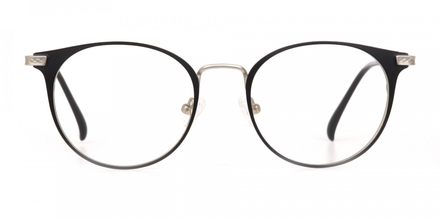Matte Black and Silver Round Glasses Unisex -1
