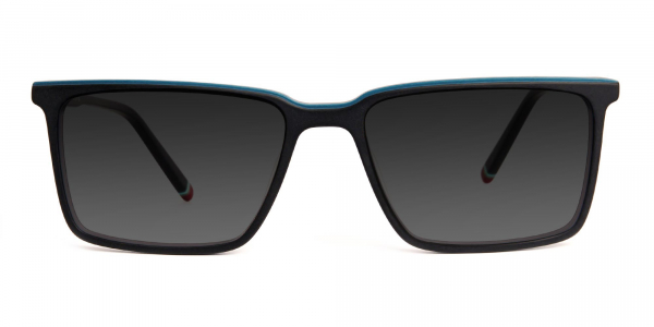 black and teal rectangular full rim grey tinted sunglasses frames