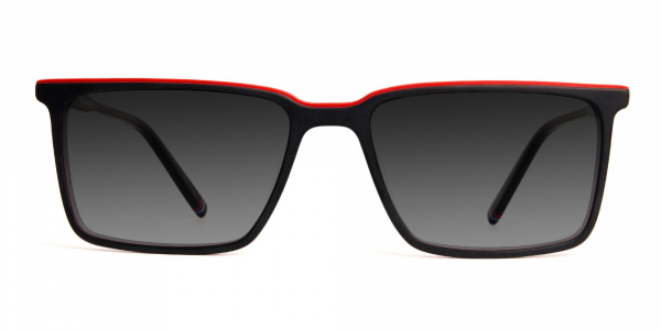 black and red rectangular grey tinted sunglasses frames