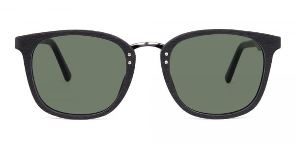 Green Tint Square Shape Black Wooden Sunglasses