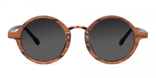 Round Brown Wood Sunglasses With Grey Tint