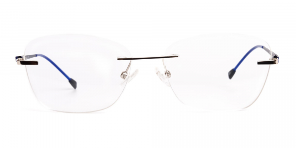 silver and blue cateye rimless glasses frames