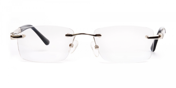 silver and black rectangular rimless glasses frames