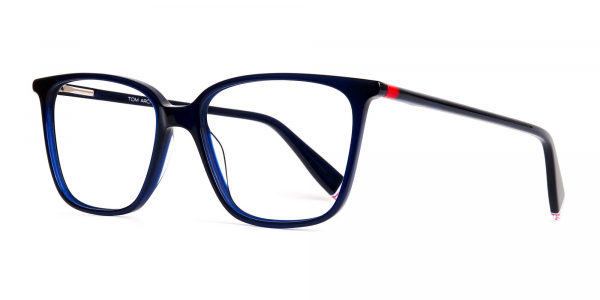 blue glasses in rectangular cat eye frames