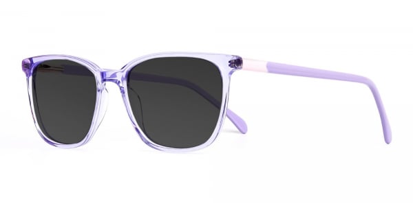 purple wayfarer and rectangular dark grey tinted sunglasses frames