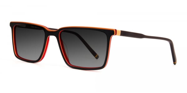 black and orange rectangular full rim grey tinted sunglasses frames