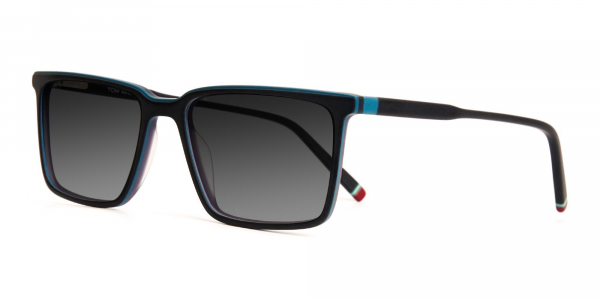 black and teal rectangular full rim grey tinted sunglasses frames