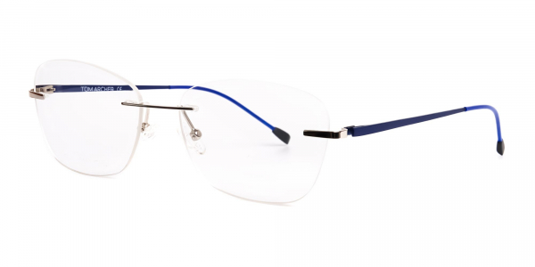 silver and blue cateye rimless glasses frames