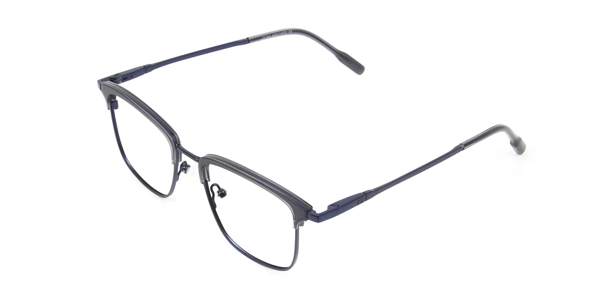 Navy Blue & Matt Black Glasses in Metal Browline & Square  - 1