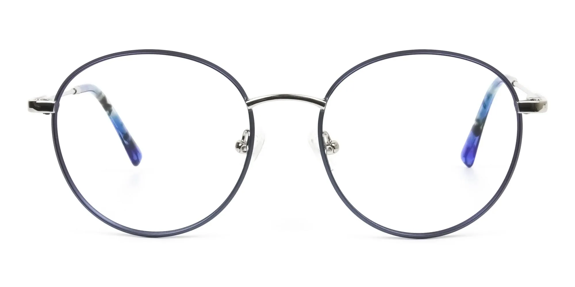 Silver Navy Blue Circle Wire Frame Glasses - 2