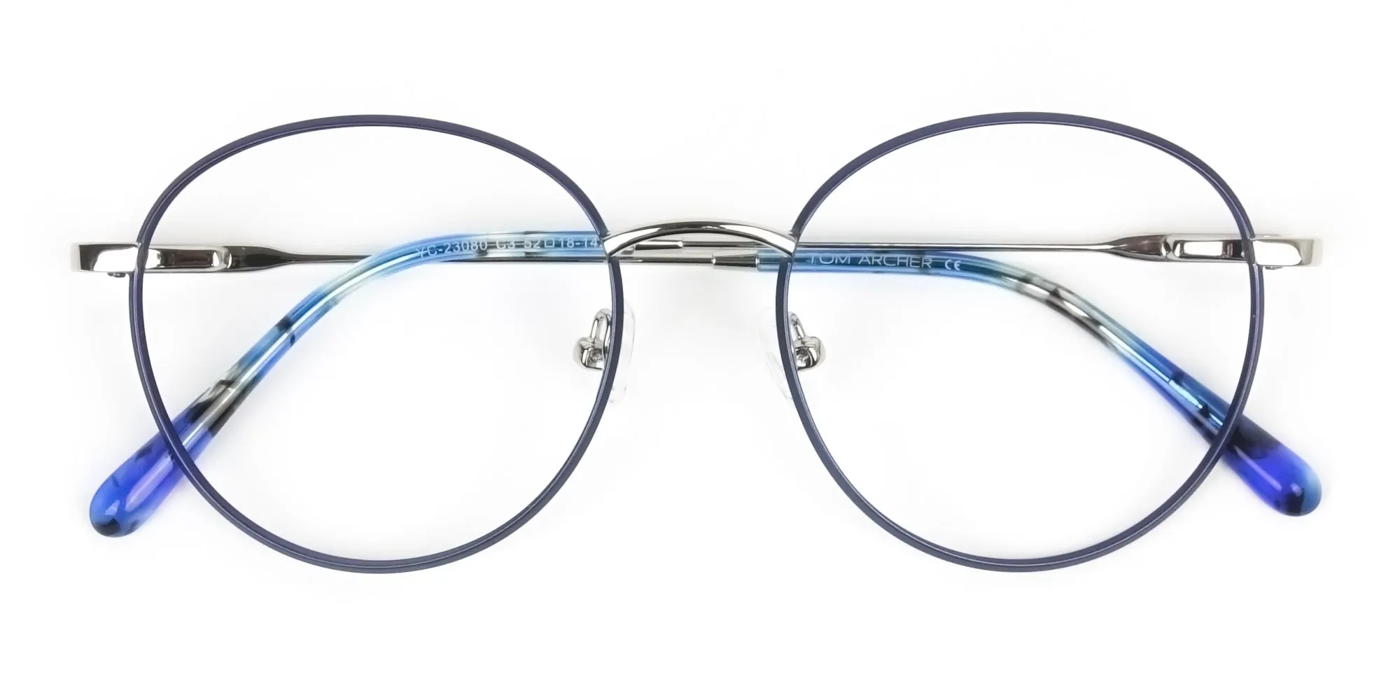Silver Navy Blue Circle Wire Frame Glasses - 2