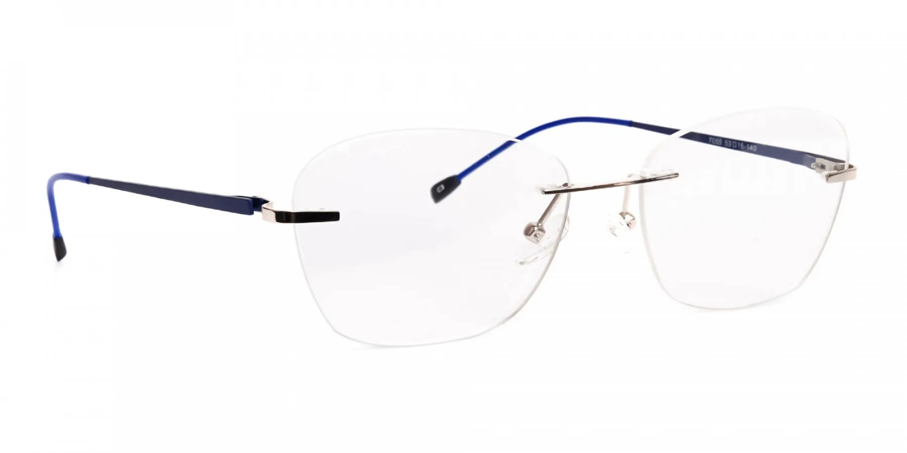 silver and blue cateye rimless glasses frames-2
