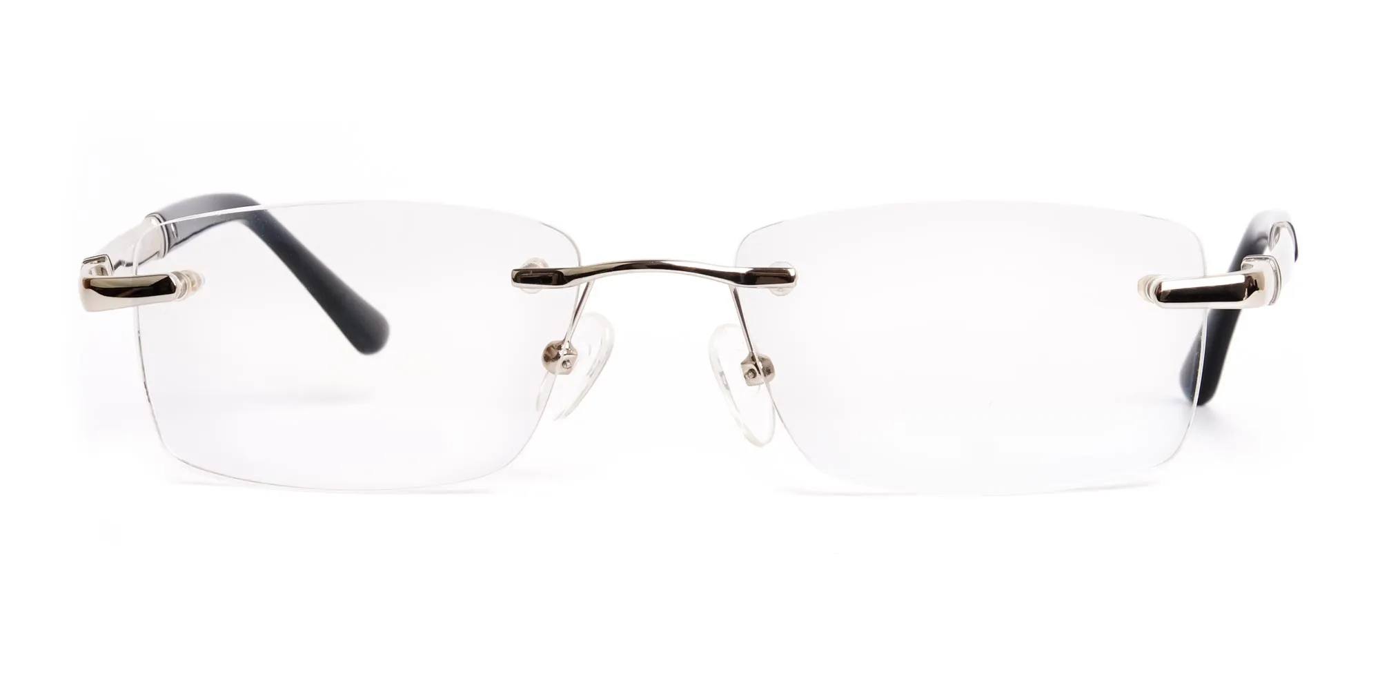 silver and black rectangular rimless glasses frames-2