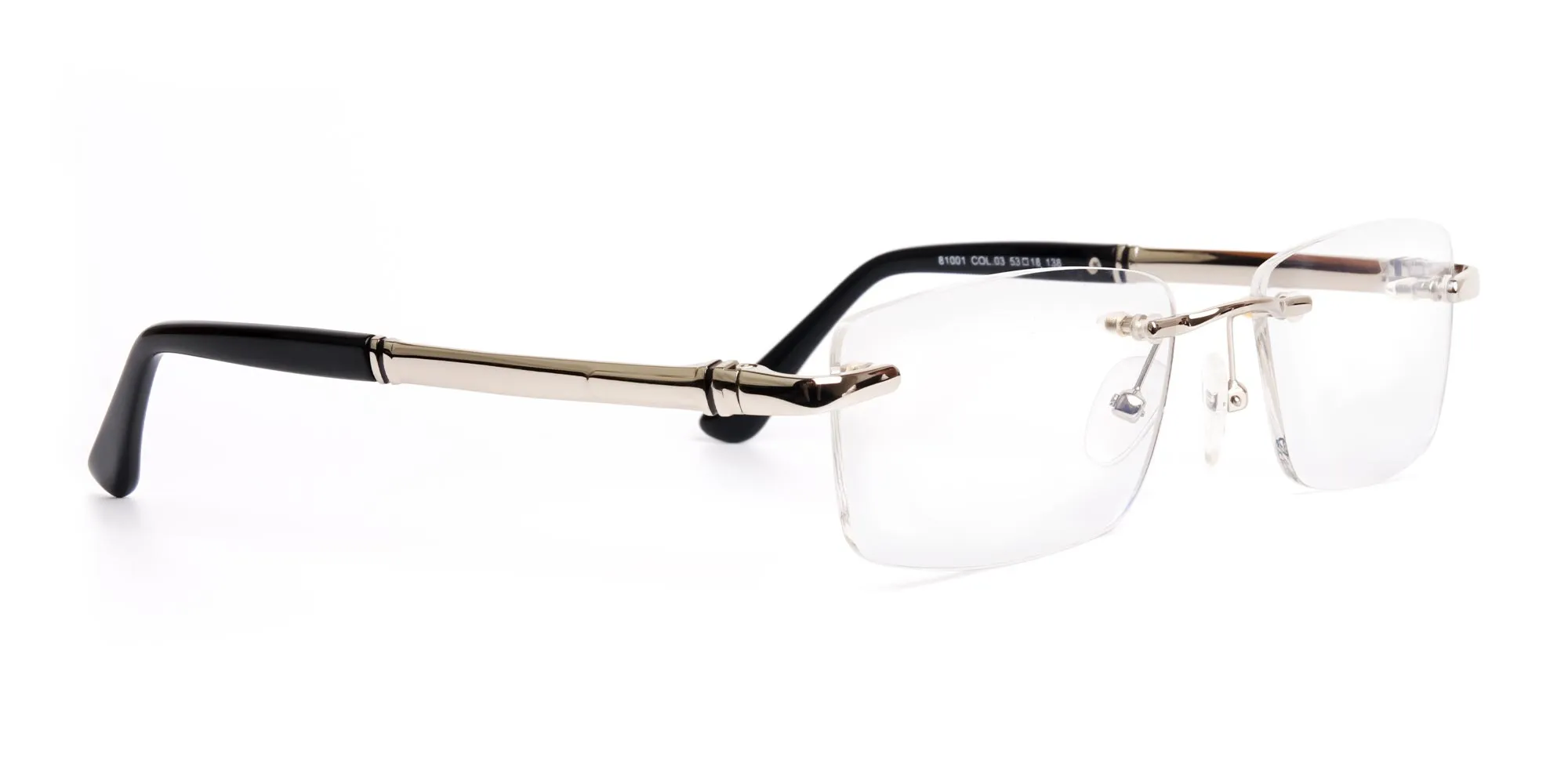 silver and black rectangular rimless glasses frames-2